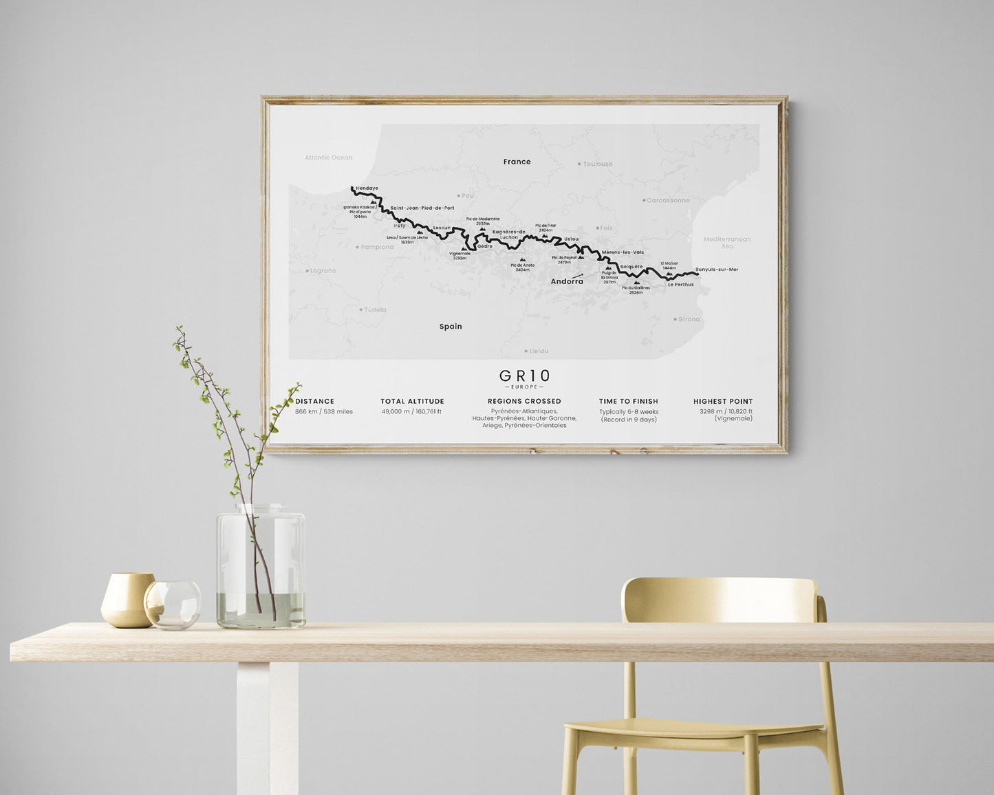 GR10 (The Pyrenean Way) hiking path map art with white background in living room