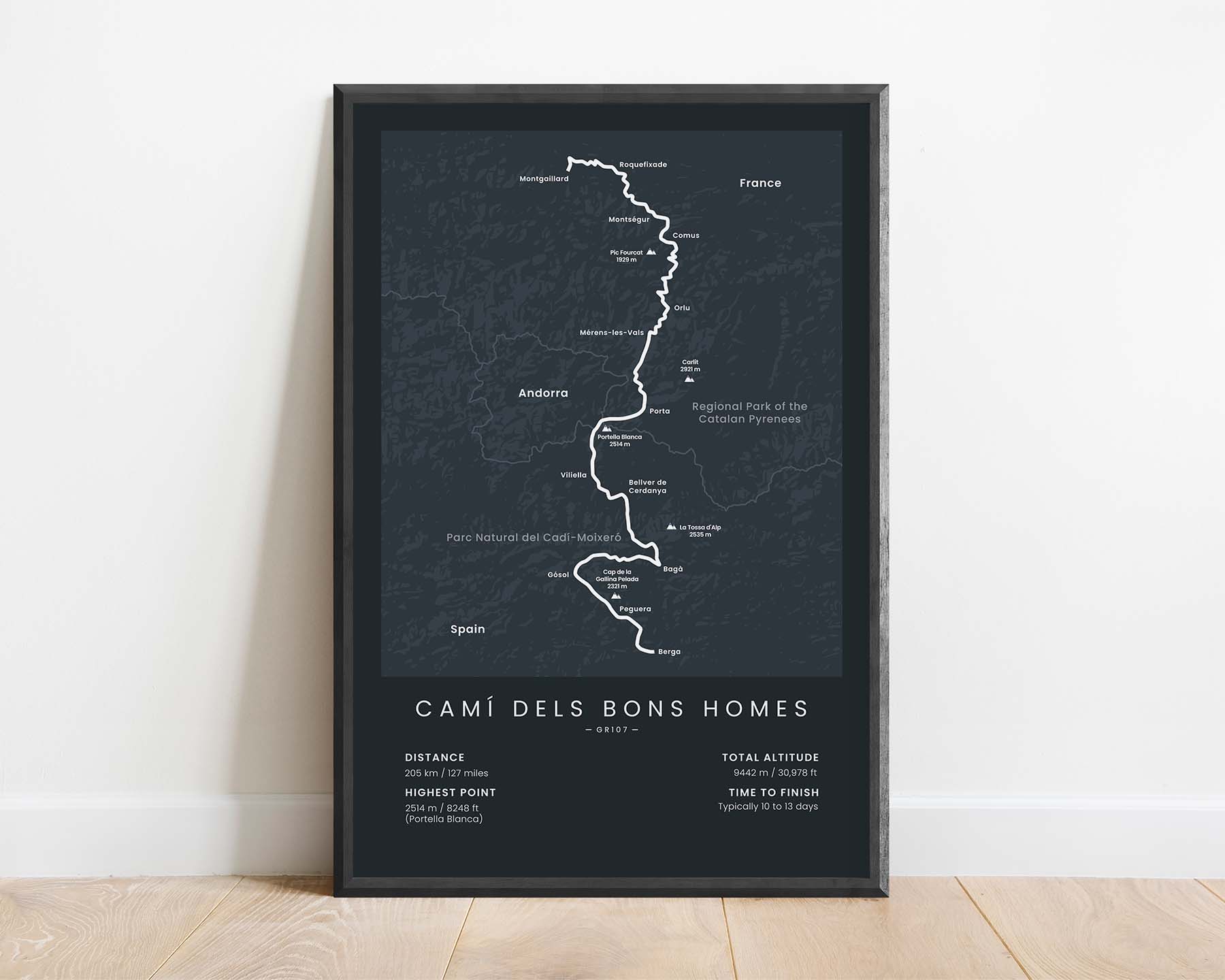 Il Chemin des Bonshommes (Europe, Berga to Foix, Spain) Route Map Art with Black Background