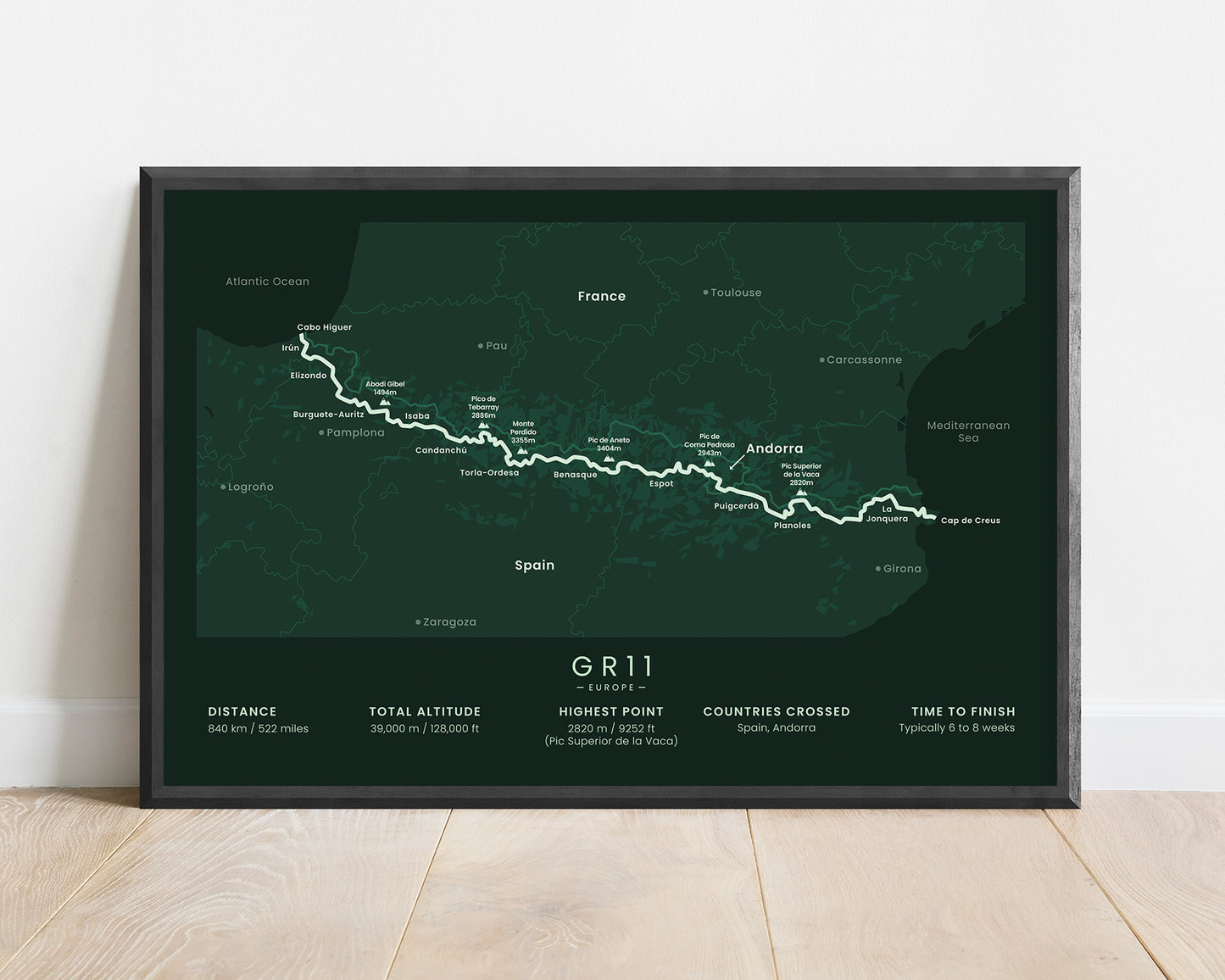 GR11 (Cantabrian to Mediterranean Sea) Hike Map Art with Green Background