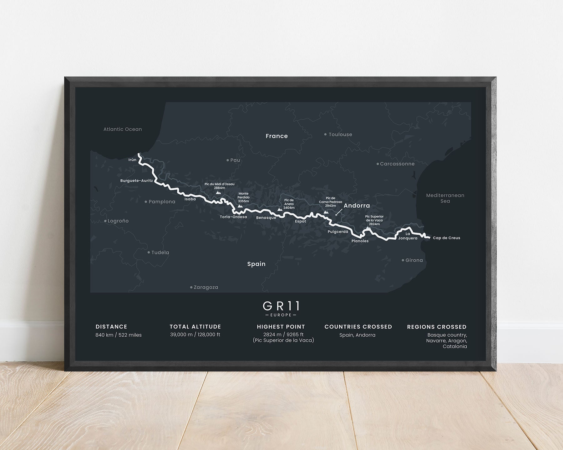 GR11 trek wall map with black background (Europe)