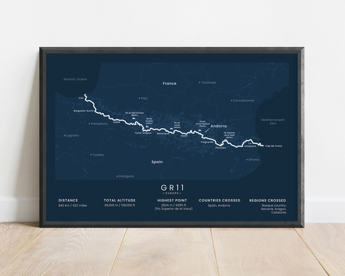 Ruta Transpirenaica thru hike print with blue background (Cantabrian to Mediterranean Sea)