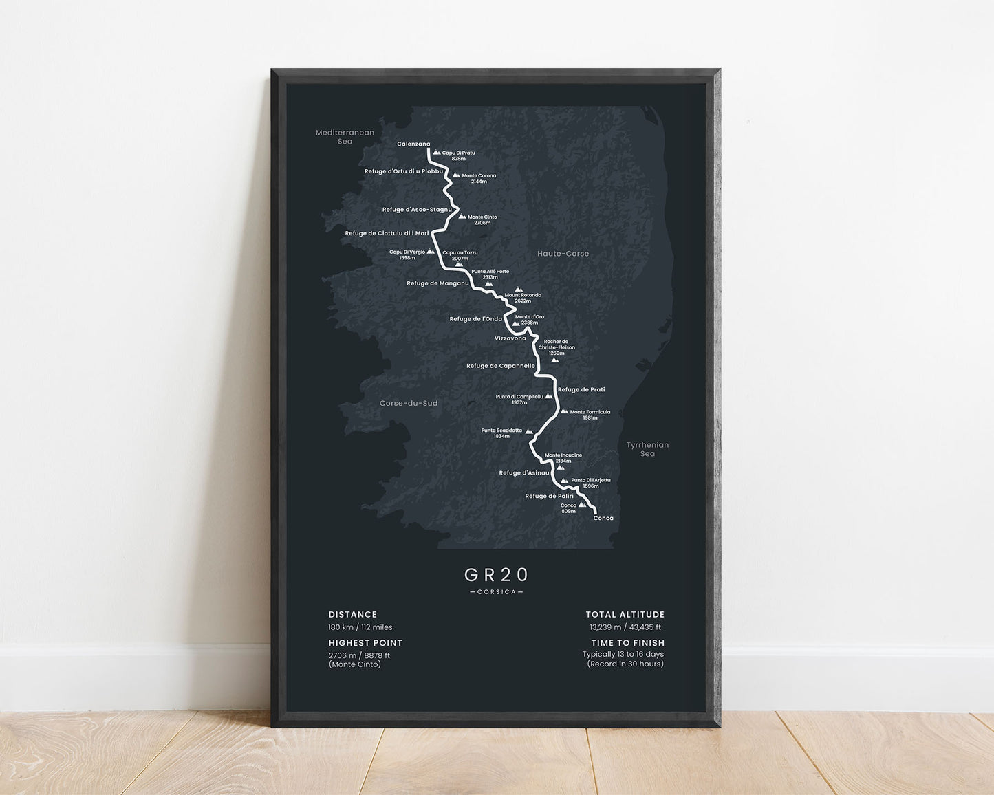 GR20 route wall map with black background (Europe)
