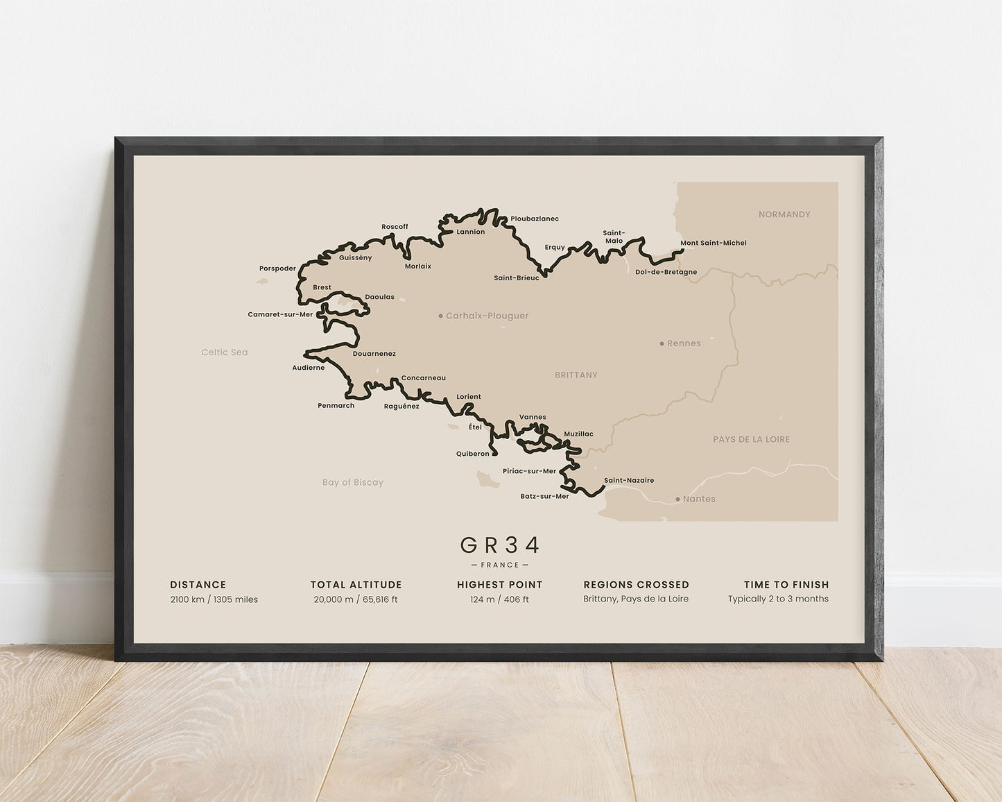GR34 (French Coastal Path) route map art with beige background