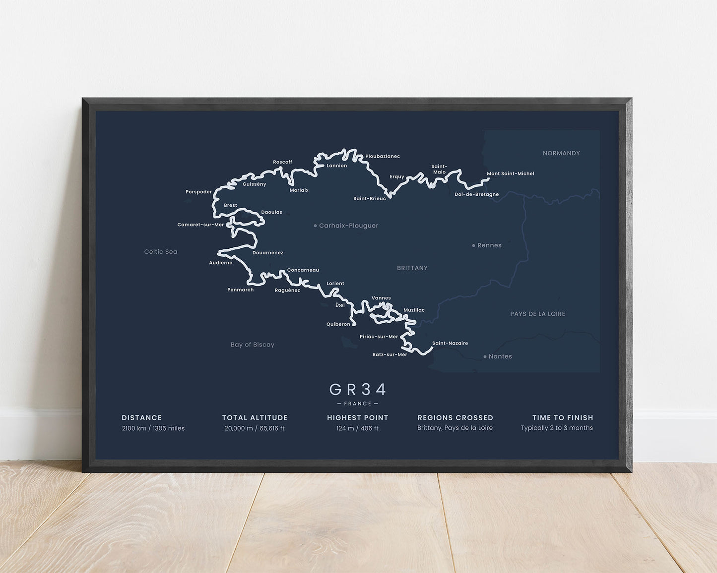 Sentier des Douaniers (Customs Trail) track wall map with blue background
