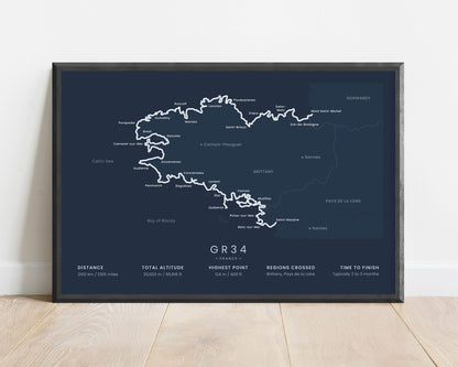 Sentier des Douaniers (Customs Trail) track wall map with blue background