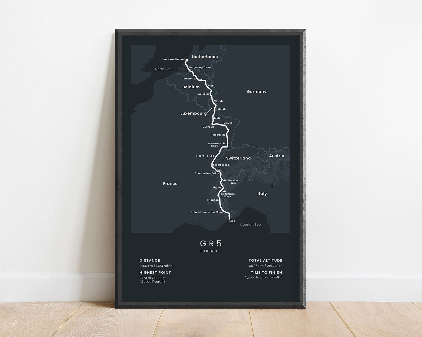 GTA (Belgium to Luxembourg to Switzerland) Hiking Trail Print with Black Background