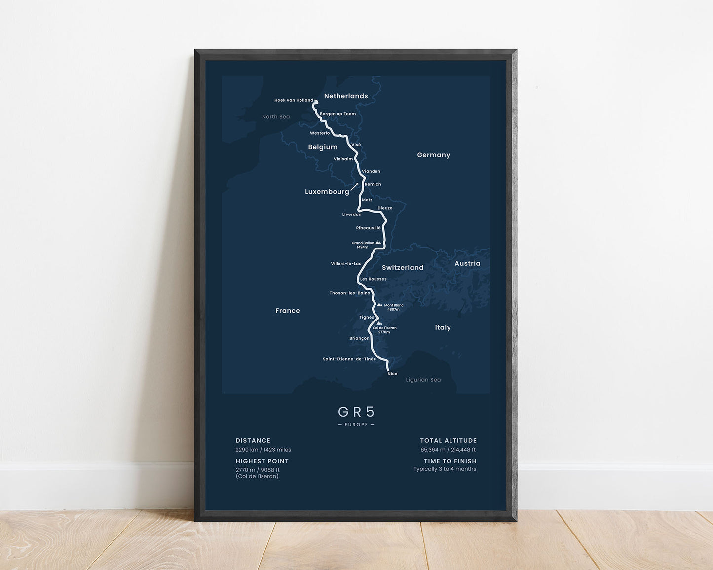 GR5 (Hoek van Holland to Nice) Trail Poster with Blue Background