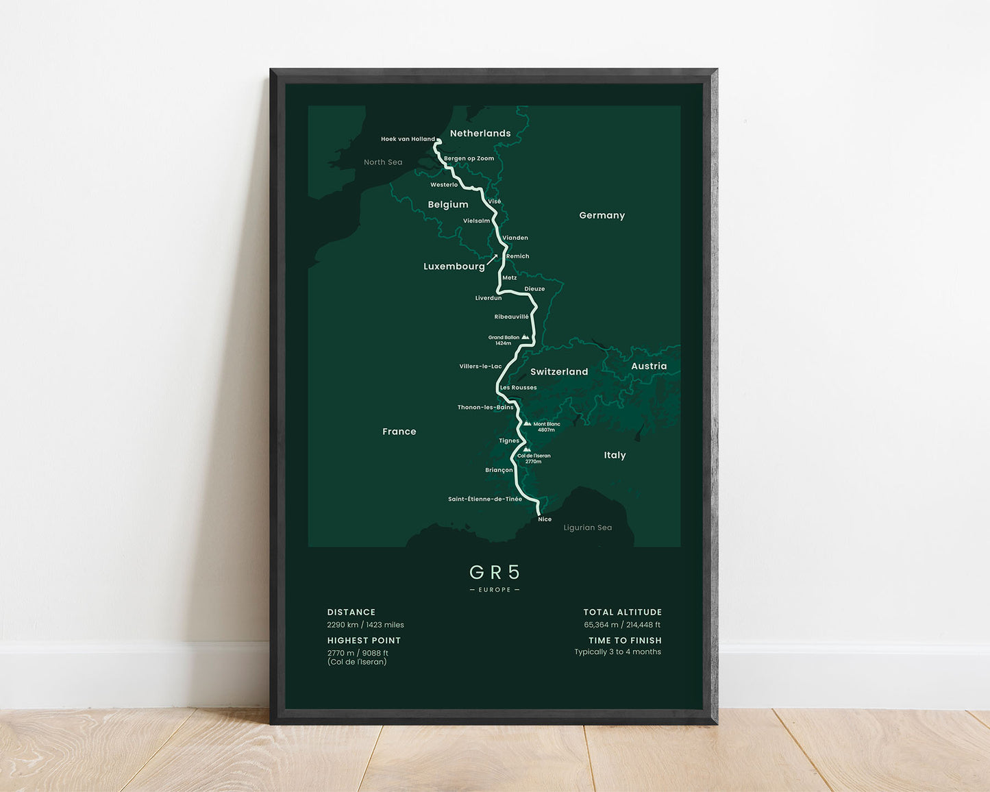 Grand Traverse des Alpes (Netherlands to France) Trek Wall Map with Green Background