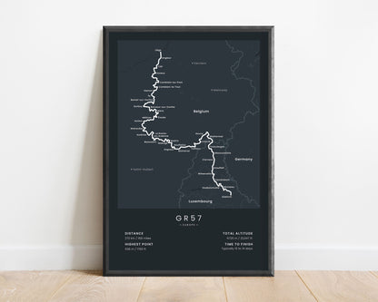 GR57 path wall map with black background (Europe)