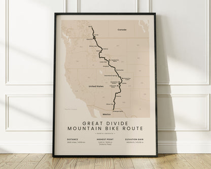 Tour Divide (GDMBR) mountain biking map art with Beige Background