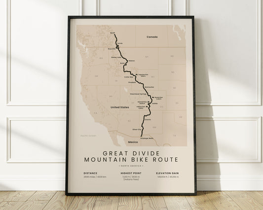 Tour Divide (GDMBR) mountain biking map art with Beige Background