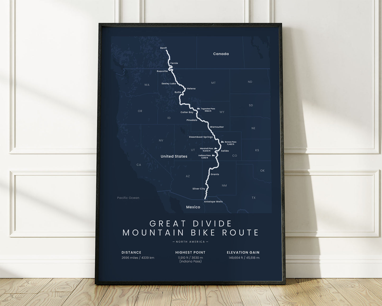 Great Divide (Canada) road cyclist wall map with Blue Background