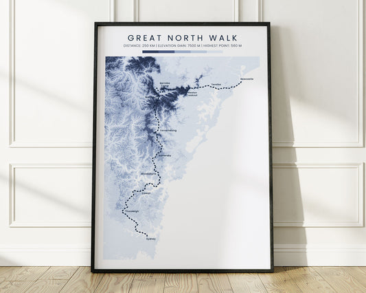 The Great North Walk (Sydney to Newcastle) Trail Print Topographic Map with Minimal Blue Background