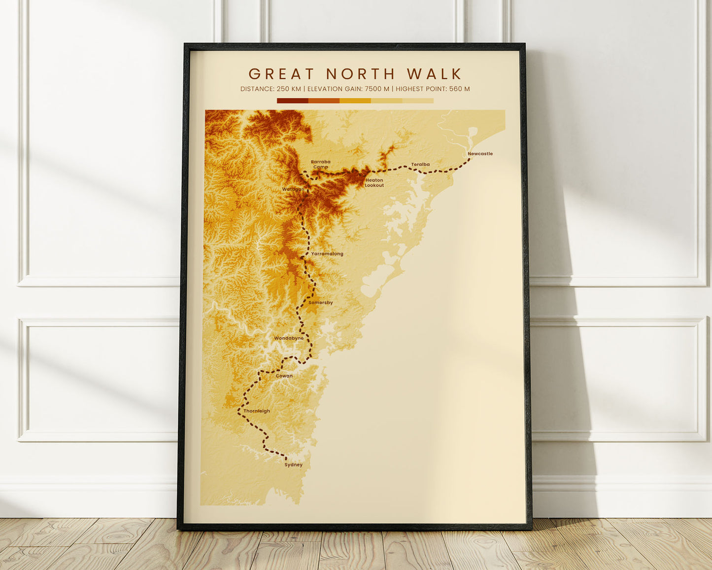 GNW (New South Wales) Hike Art Elevation Map with Vintage Orange Background