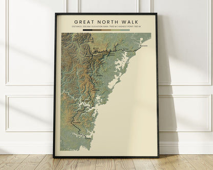 The Great North Walk (Australia) Path Wall Decor Shaded Relief Map with Realistic Green Background