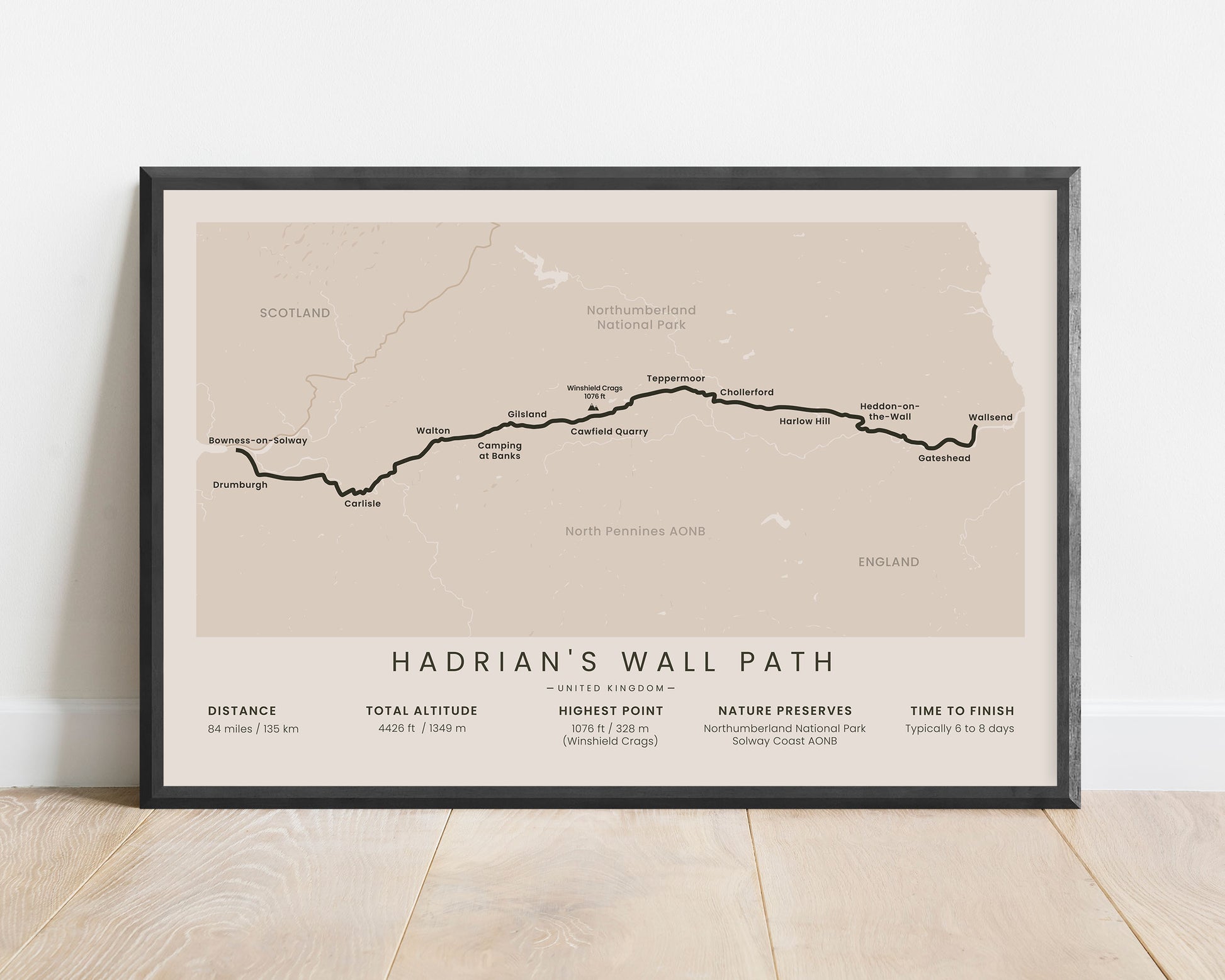 Hadrian's Wall Path (United Kingdom) thru-hike art with beige background