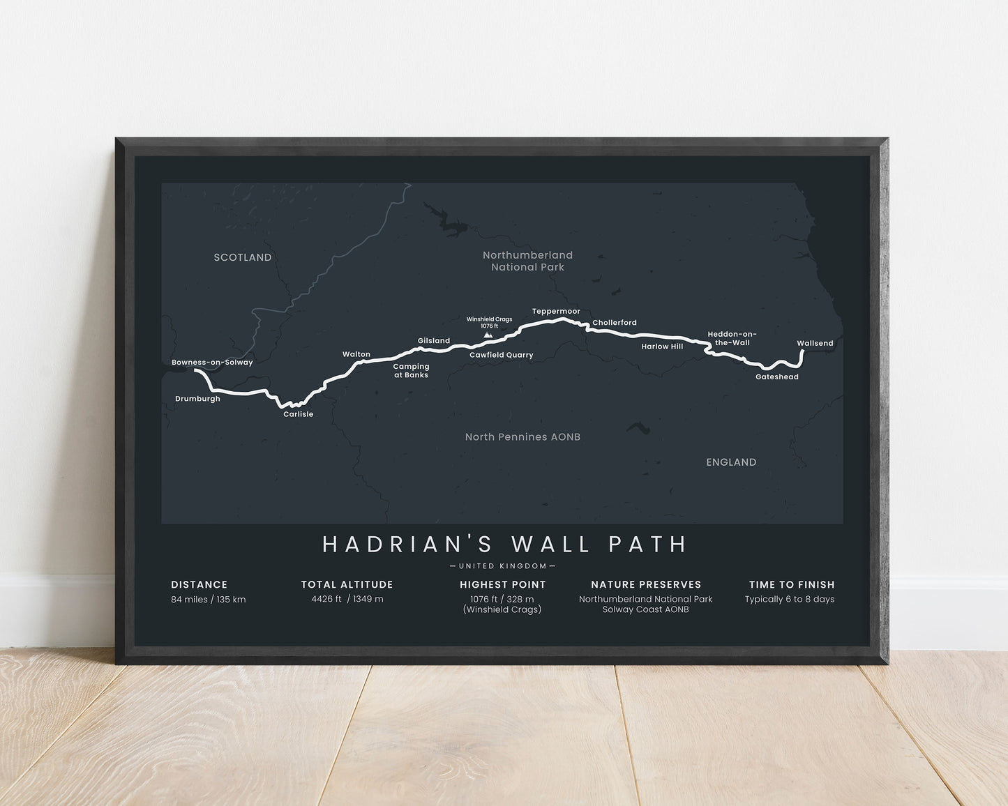 Hadrian's Wall Path National Trail (Northern England) path wall map with black background