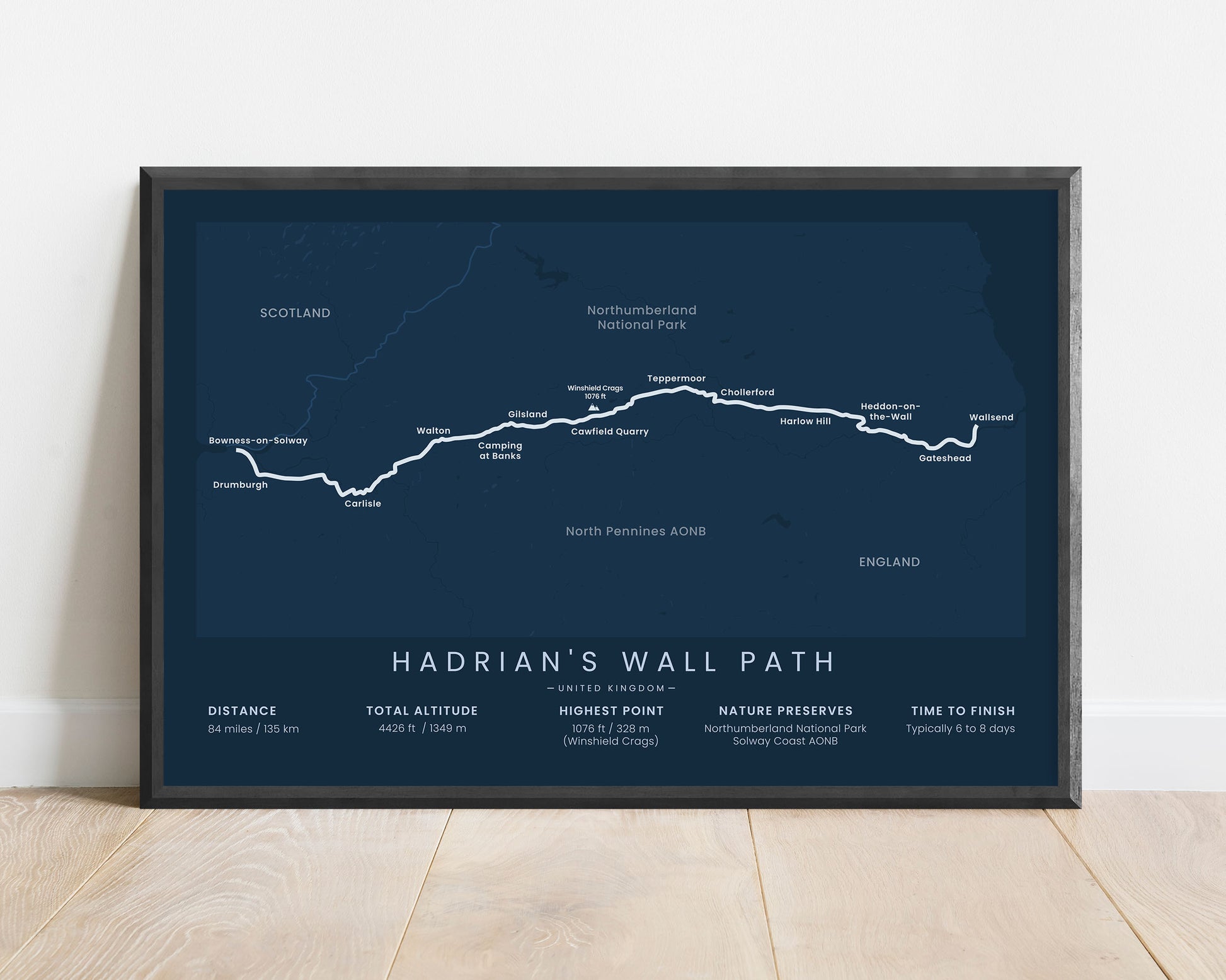 Hadrian's Wall Path (North Pennines AONB) hike print with blue background