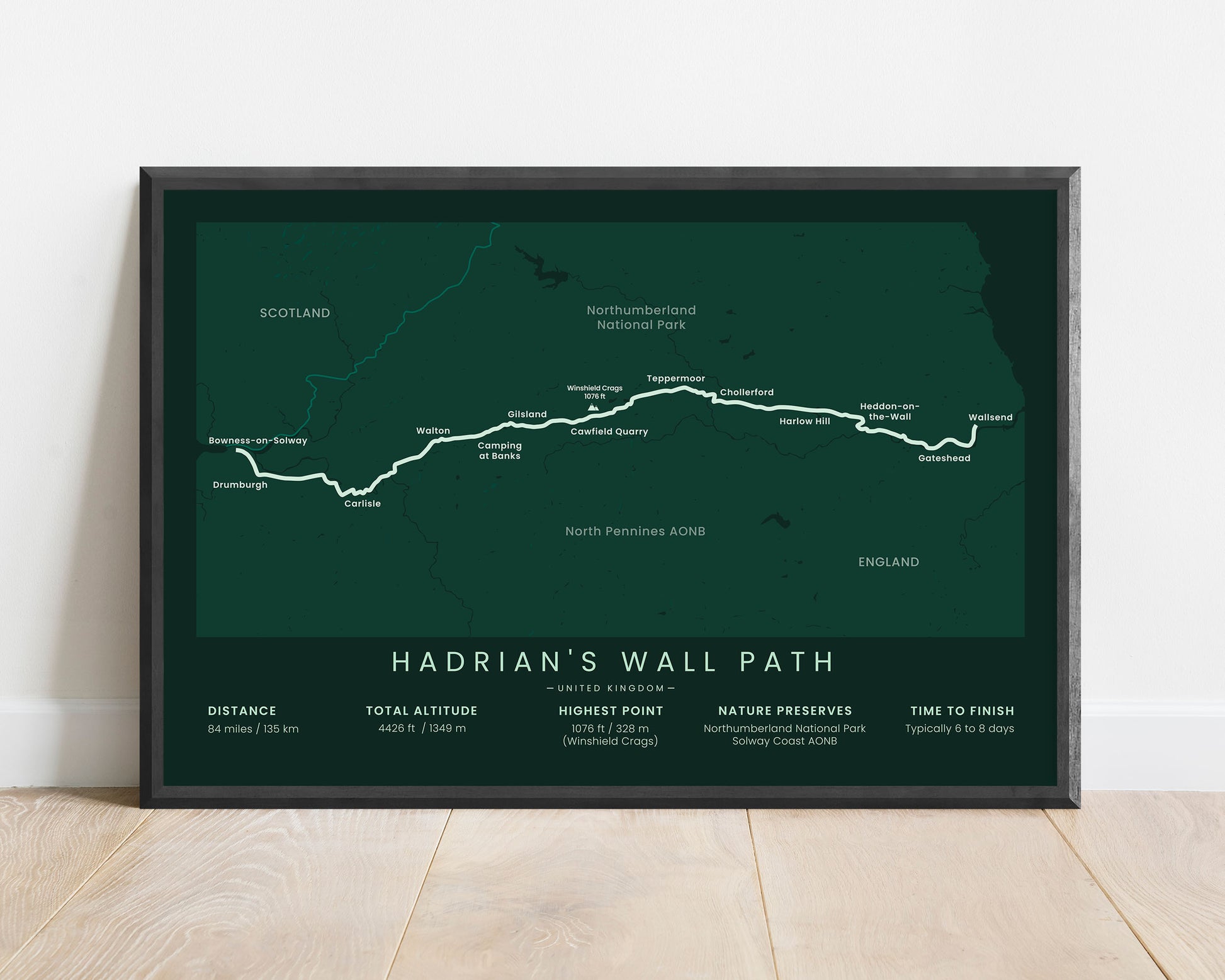 Hadrian's Wall Path National Trail (Northumberland National Park) track wall art with green background