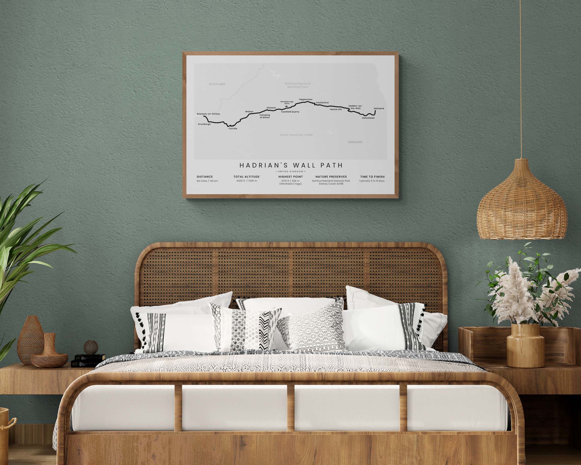 Hadrian's Wall Path (Wallsend to Bowness-on-Solway) route map art in minimal room decor