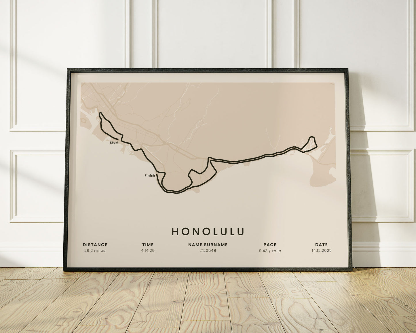 Honolulu Marathon (Pacific Ocean) Run Wall Map with Beige Background