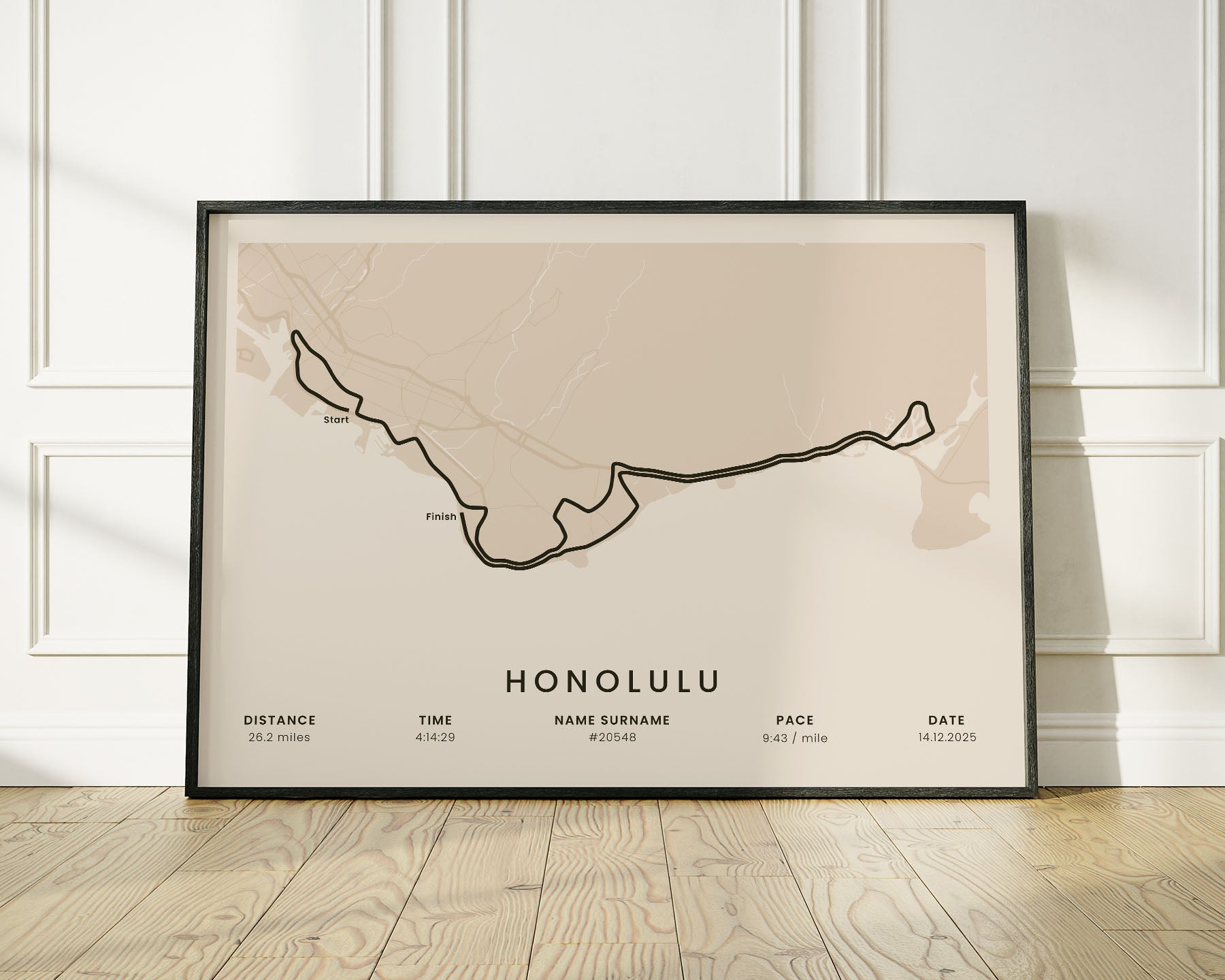 Honolulu Marathon (Pacific Ocean) Run Wall Map with Beige Background