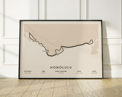 Honolulu Marathon (Pacific Ocean) Run Wall Map with Beige Background