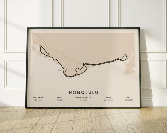 Honolulu Marathon (Pacific Ocean) Run Wall Map with Beige Background