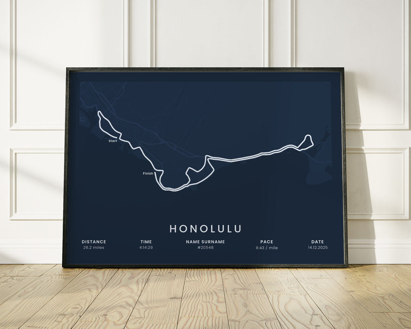 Honolulu Marathon (Waikiki Beach) Running Map Art with Blue Background
