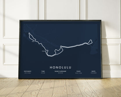 Honolulu Marathon (Waikiki Beach) Running Map Art with Blue Background