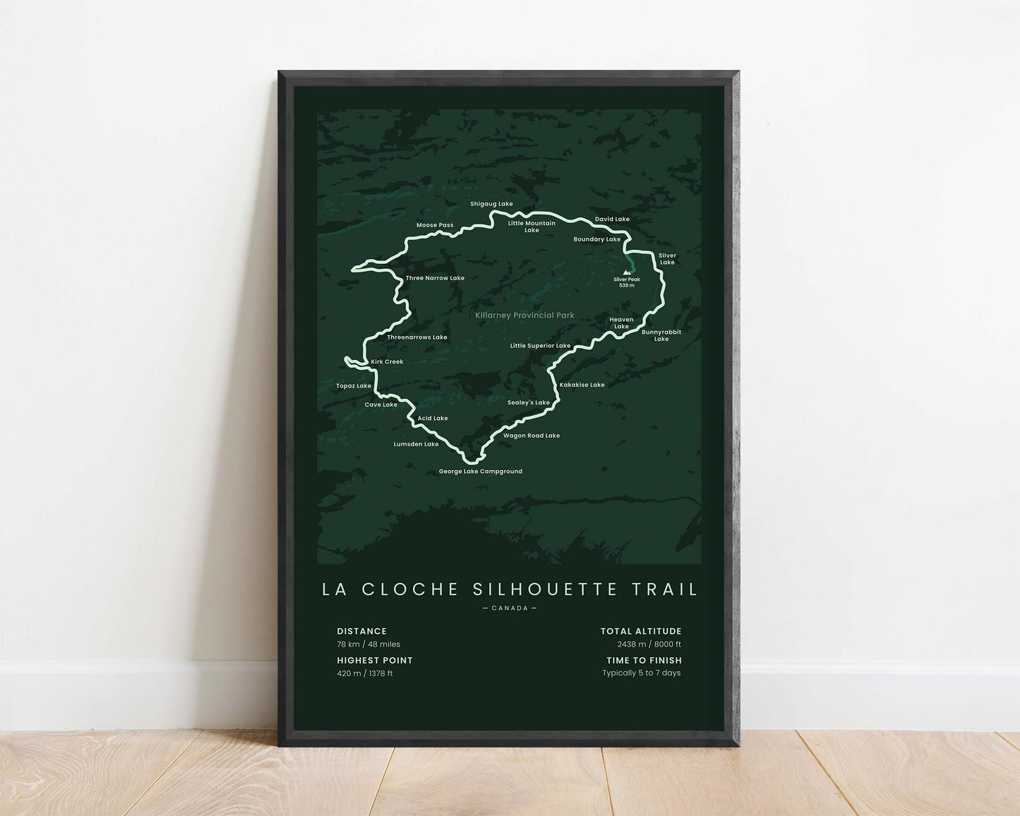 La Cloche Silhouette Trail (Ontario) Trail Map Art with Green Background