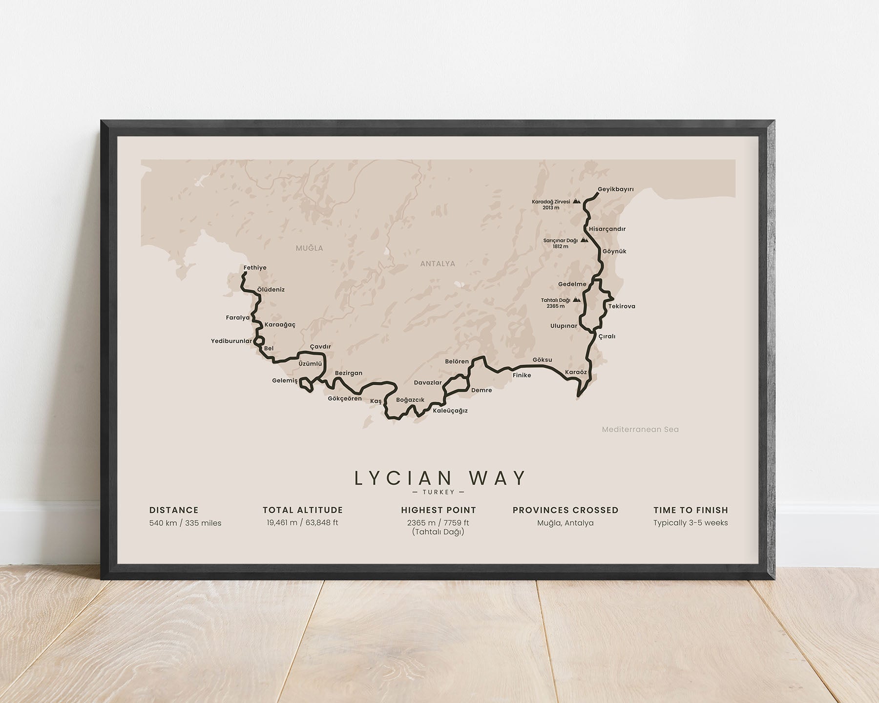 Lycian Way hiking trail in Mediterranean, South Turkey, minimalist map poster with black frame and beige background