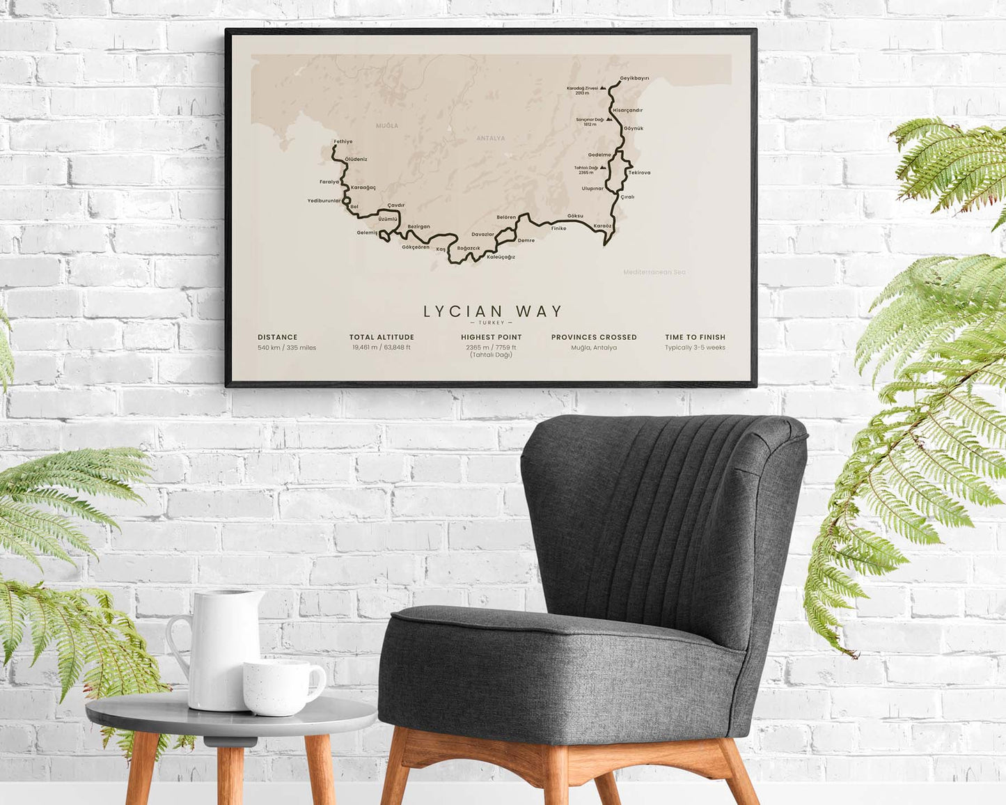 Lycian Way hiking trail in Mediterranean, South Turkey, minimalist map poster with black frame and beige background in living room decor