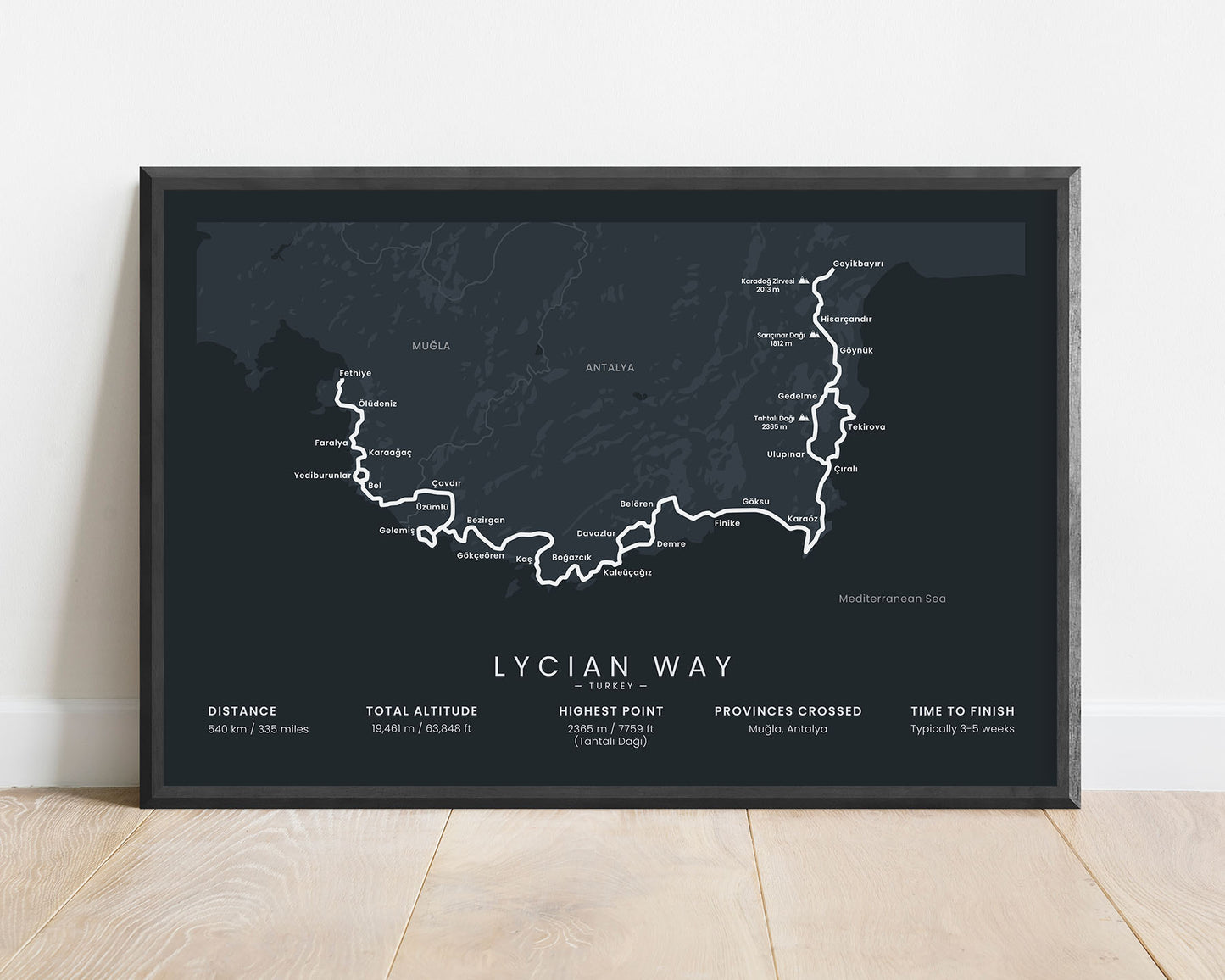 Lycian Way hiking trail in Mediterranean, South Turkey, minimalist map poster with black frame and black background