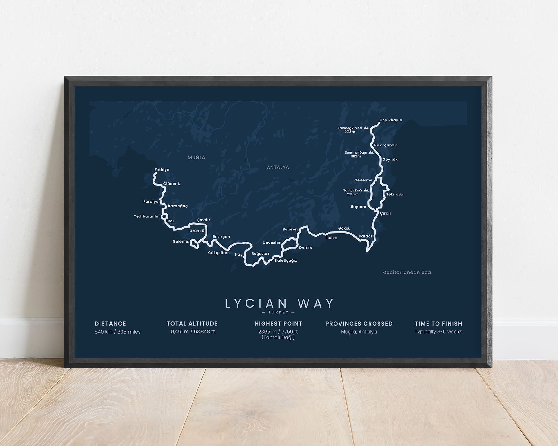 Lycian Way hiking trail in Mediterranean, South Turkey, minimalist map poster with black frame and blue background