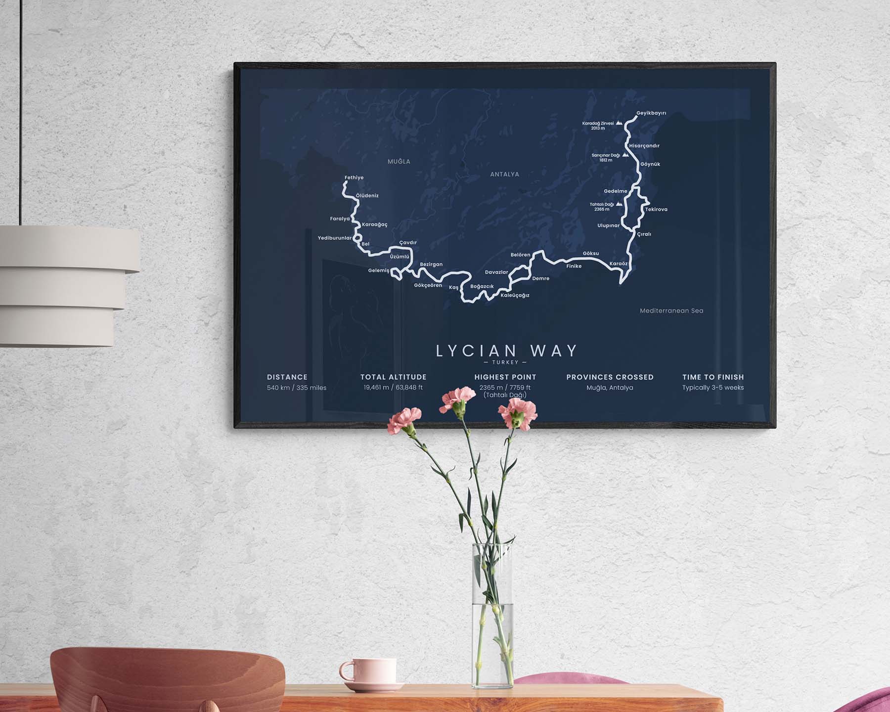 Lycian Way hiking trail in Mediterranean, South Turkey, minimalist map poster with black frame and blue background in modern dining room decor