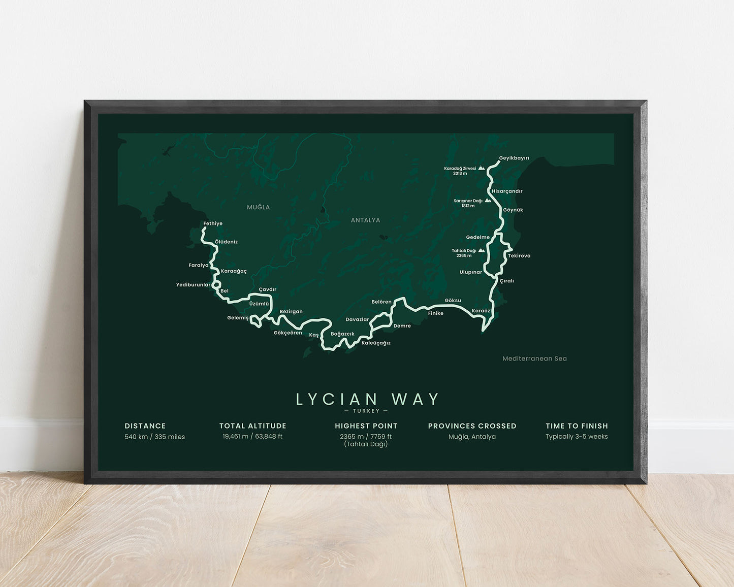 Lycian Way hiking trail in Mediterranean, South Turkey, minimalist map poster with black frame and green background