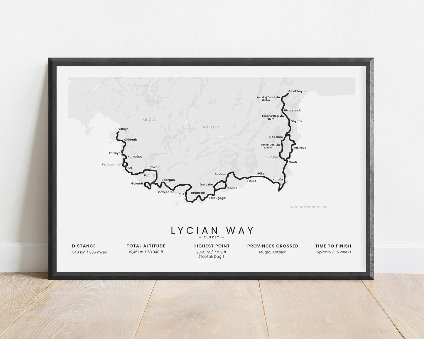 Lycian Way hiking trail in Mediterranean, South Turkey, minimalist map poster with black frame and white background