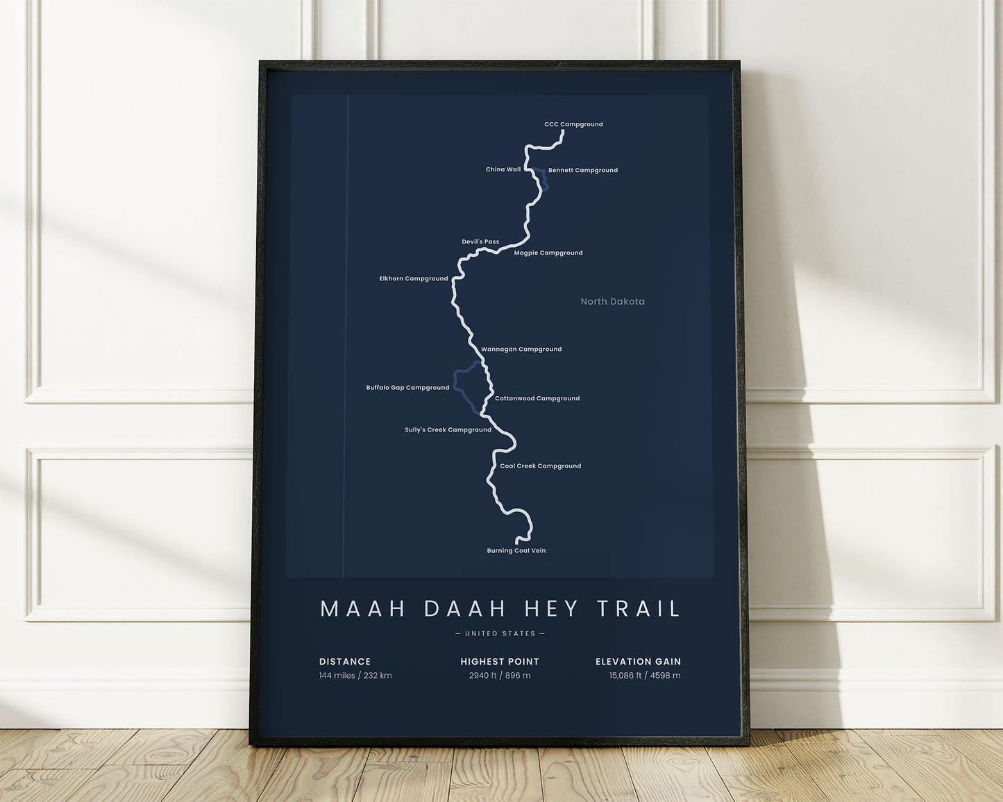 Maah Daah Hey Trail (Burning Coal Vein) road cyclist wall map with Blue Background