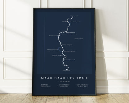 Maah Daah Hey Trail (Burning Coal Vein) road cyclist wall map with Blue Background