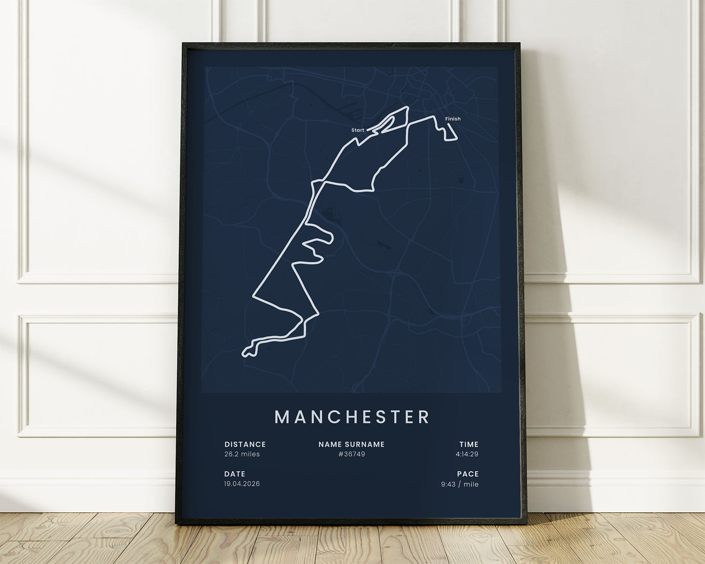 Manchester Marathon (Greater Manchester) Running Map Art with Blue Background