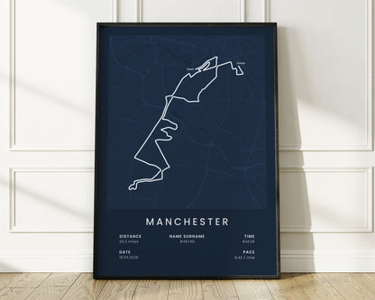 Manchester Marathon (Greater Manchester) Running Map Art with Blue Background