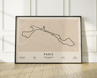 Marathon de Paris (Eiffel Tower) Running Map Art with Beige Background