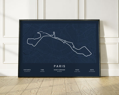 Marathon de Paris (Notre-Dame) Run Wall Map with Blue Background