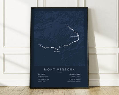 Mont Ventoux (French Alps) bike race wall map with Blue Background