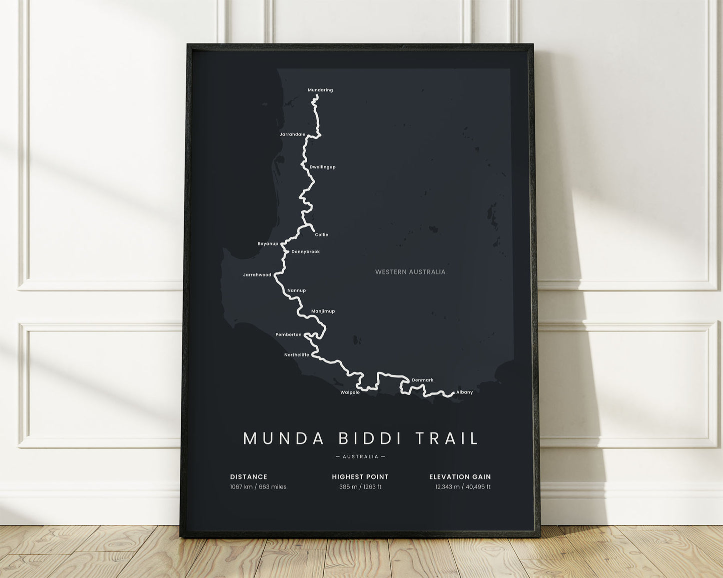 Munda Biddi Trail (Albany) bicycle art map art with Black Background