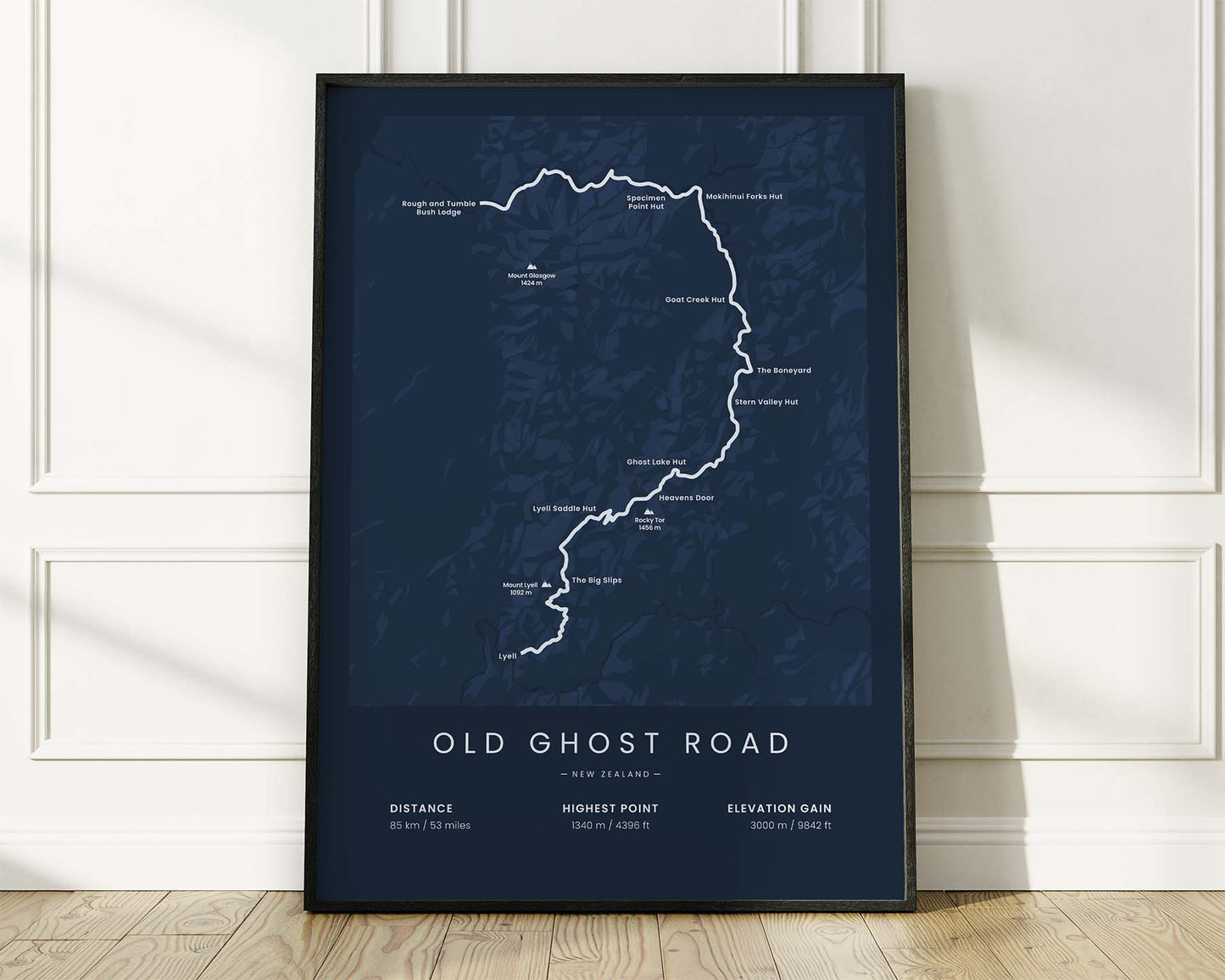 Old Ghost Road (New Zealand) bicycle art wall map with Blue Background