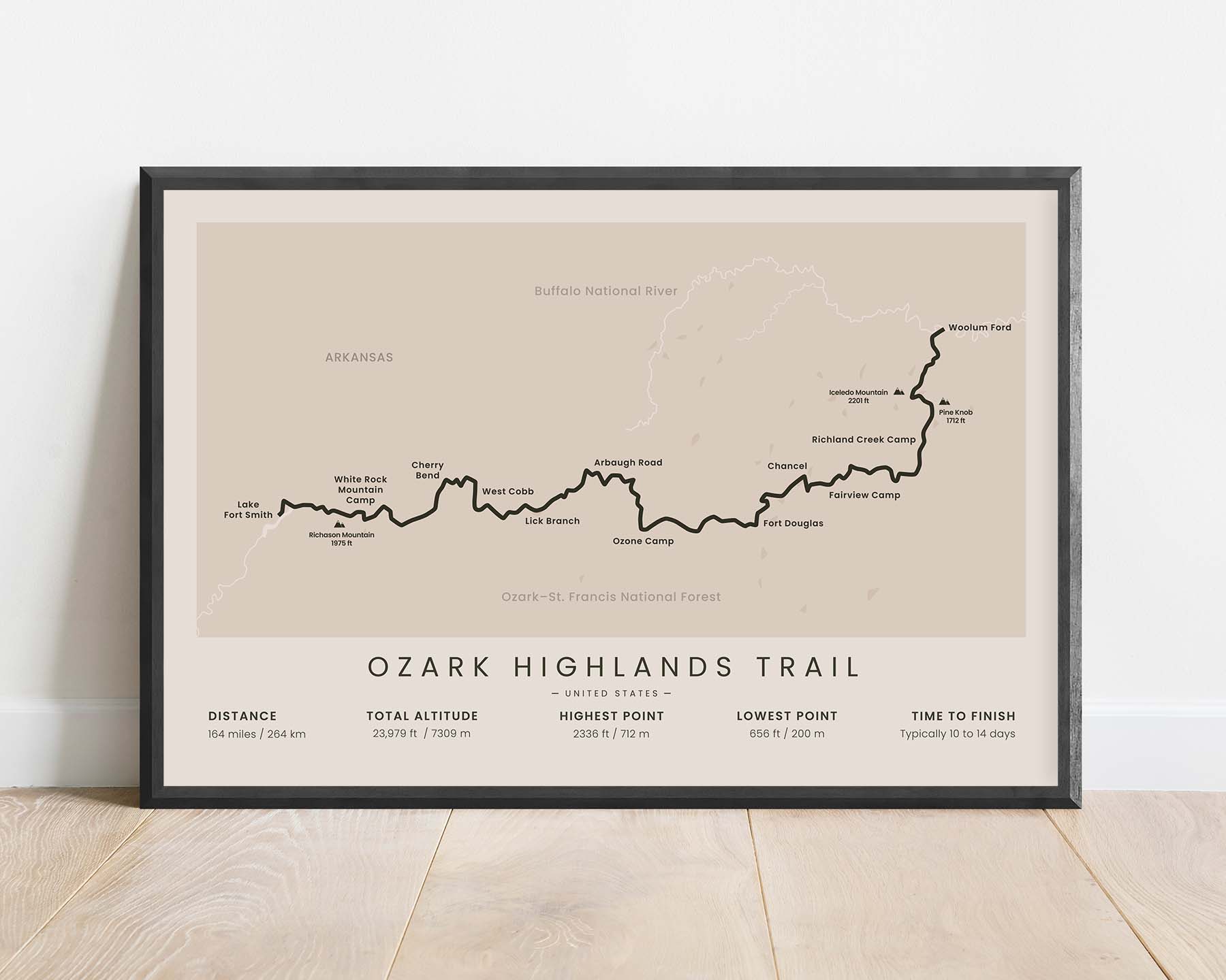 Ozark Highlands Trail (Arkansas, Ozark National Forest, Lake Fort Smith to Woolum Ford, Lake Fort Smith State Park to Buffalo National River, Ozark Mountains) Route Wall Map with Beige Background