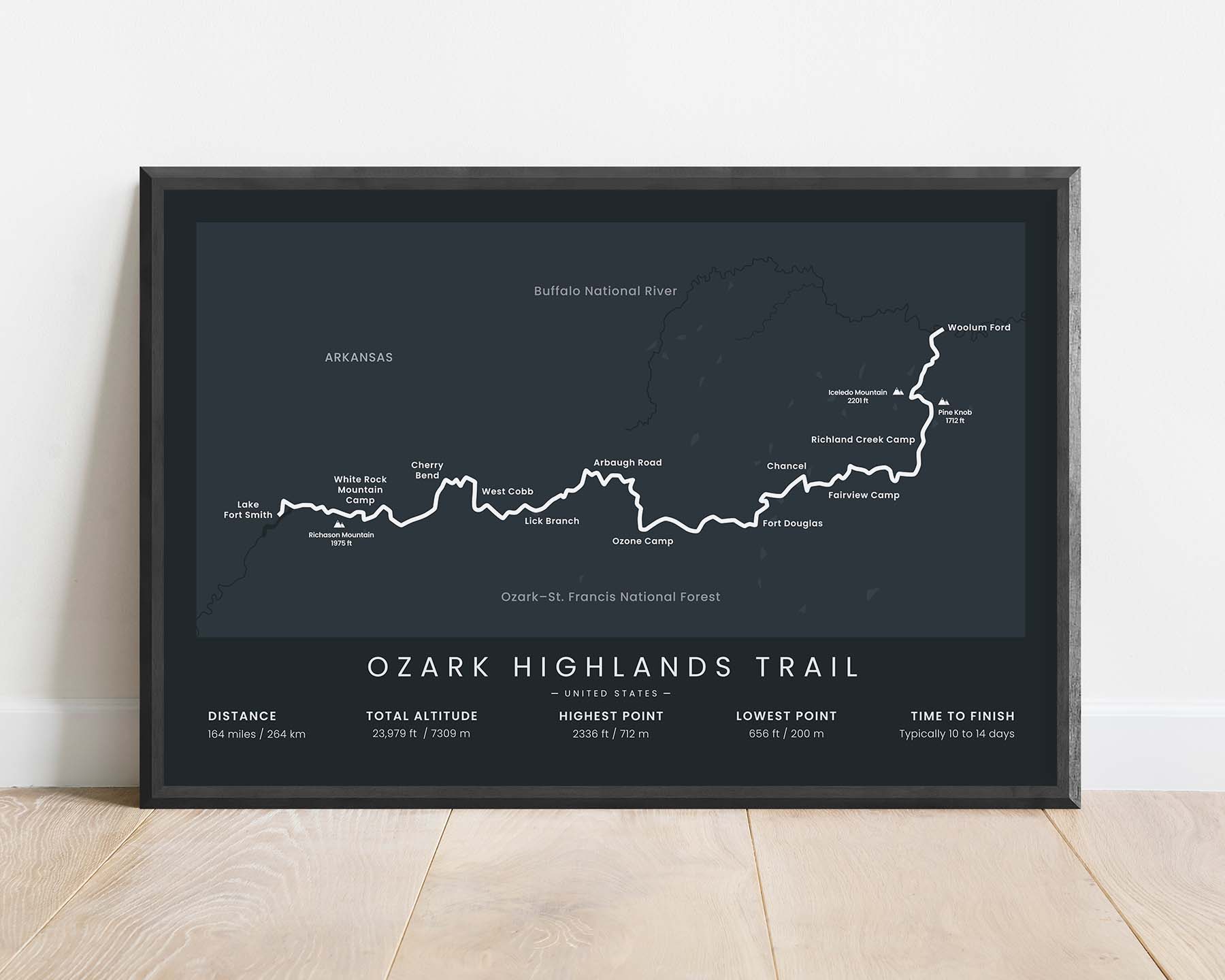 Ozark Highlands National Recreation Trail (United States, Ozark Mountains, Lake Fort Smith to Woolum Ford, Lake Fort Smith State Park to Buffalo National River, Arkansas) Path Wall Art with Black Background