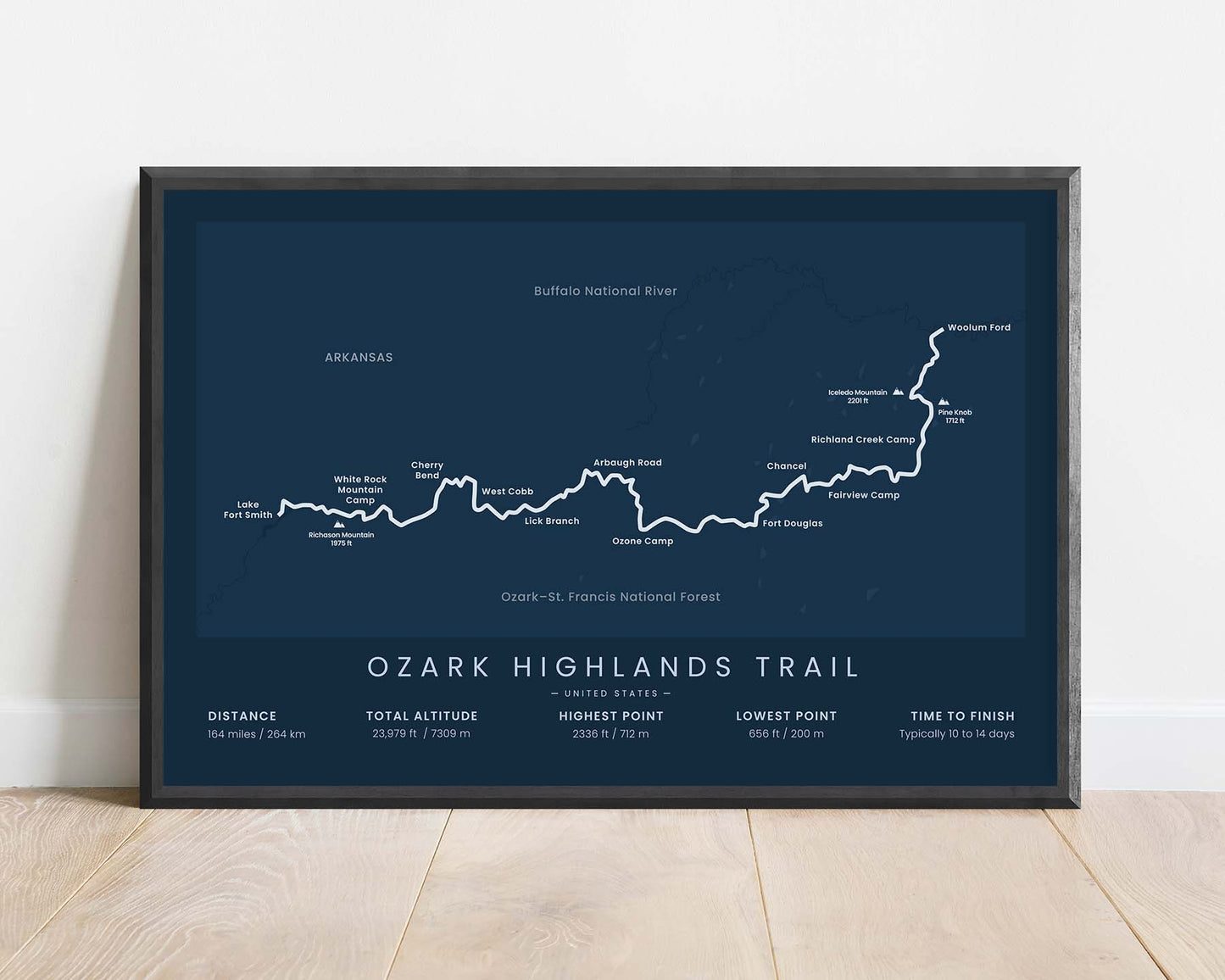 OHT (Lake Fort Smith to Woolum Ford, United States, Ozark Mountains, Arkansas, Ozark National Forest) Trail Print with Blue Background